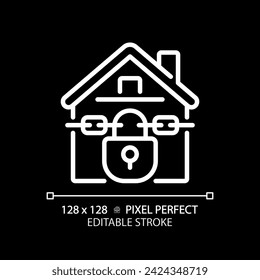 2D pixel perfect editable white foreclosed home icon, isolated vector, thin line illustration representing economic crisis.