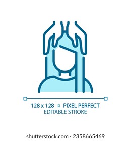 Mujer editable de píxeles 2D perfecta con icono azul de masaje de cabeza, vector aislado, cuidado de pelo delgado línea simple ilustración monocromática.