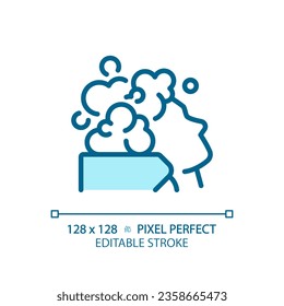 2D pixel perfect editable woman with hair wash blue icon, isolated vector, haircare thin line simple monochromatic illustration.