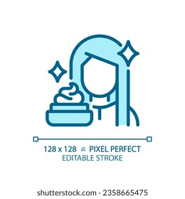 2D pixel perfect editable woman with hair foam blue icon, isolated vector, haircare thin line simple monochromatic illustration.
