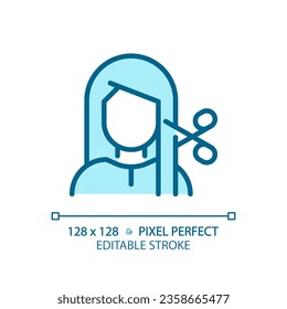 Mujer editable en píxeles 2D perfecta con corte de pelo en icono azul spa, vector aislado, cuidado de pelo delgado línea simple ilustración monocromática.