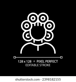 2D pixel perfect editable woman with rollers on head white icon, isolated vector, haircare thin line simple illustration.