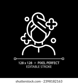 2D pixel perfect editable woman with hair wash white icon, isolated vector, haircare thin line simple illustration.