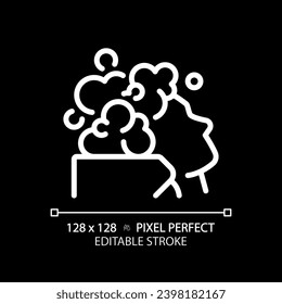 2D pixel perfect editable woman with hair wash white icon, isolated vector, haircare thin line simple illustration.
