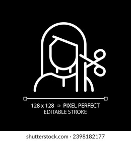 Mujer editable en píxeles 2D perfecta con corte de pelo en icono blanco spa, vector aislado, peinado delgado línea simple ilustración.