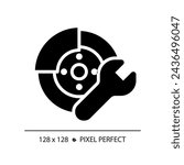 2D pixel perfect glyph style car disc brake repair icon, isolated vector, simple silhouette illustration representing car service and repair.