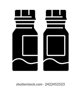 Icono de botella de píldora de estilo glifo de píxel perfecto en 2D, vector aislado, ilustración de silueta que representa equipo de atención médica.