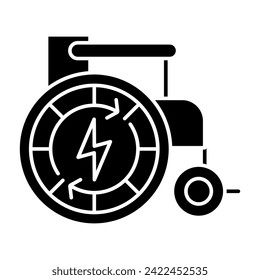 2D pixel perfect glyph style automatic wheelchair icon, isolated vector, silhouette illustration representing medical care equipment.