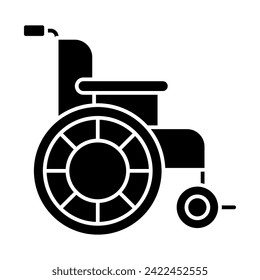 2D pixel perfect glyph style wheelchair icon, isolated vector, silhouette illustration representing medical care equipment.