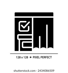 2D pixel perfect glyph style icon of voting booth with curtain and checkmark sign, isolated vector illustration, flat design election sign.