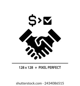 2D pixel perfect glyph style icon of people handshaking with dollar and checkmark sign, isolated vector illustration of partnership.