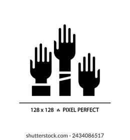 2D pixel perfect glyph style icon of people with hands raised representing voting, isolated vector illustration, flat design voters symbol.