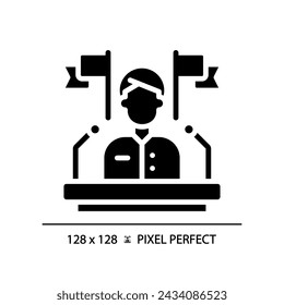 2D pixel perfect glyph style icon representing election candidate with banner, isolated vector illustration of voting.