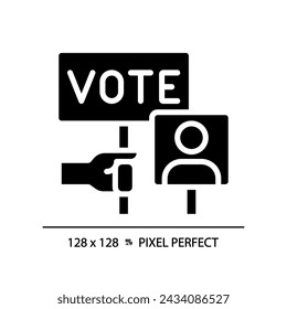 Icono de estilo de glifo perfecto de píxel 2D de mano sosteniendo el signo de voto, ilustración vectorial que representa la votación, símbolo de elección de diseño plano.