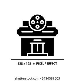 2D pixel perfect glyph style theater icon, isolated vector, silhouette building illustration.
