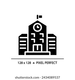 2D pixel perfect glyph style school icon, isolated vector, silhouette building illustration.
