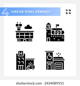 2D pixel perfect glyph style icons set representing various buildings, silhouette illustration.