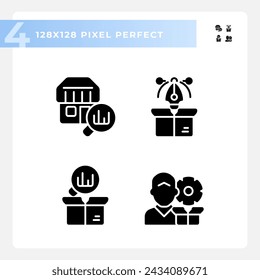 2D pixel perfect glyph style icons set representing product management, editable illustration.