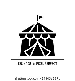 2D pixel perfect glyph style circus tent icon, isolated vector, silhouette building illustration.