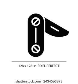 Icono de navaja de estilo glifo perfecto de píxel 2D, vector aislado, ilustración de silueta de equipo de senderismo.