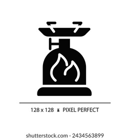 2D pixel perfect glyph style camping stove icon, isolated vector, hiking gear silhouette illustration.