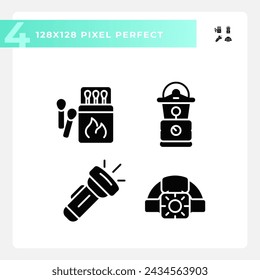 2D pixel perfect glyph style black icons pack representing hiking gear, isolated illustration.