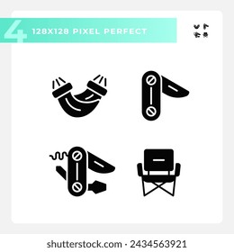 2D pixel perfect glyph style icons set representing hiking gear, isolated silhouette illustration.
