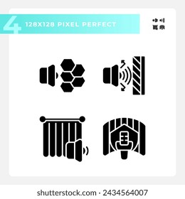 Conjunto de iconos de estilo de glifo perfecto de píxel 2D que representa la insonorización, ilustración de silueta, pictograma simple sólido.