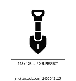 Icono de pala de estilo glifo perfecto de píxel 2D, vector aislado, ilustración de silueta de engranaje de senderismo.