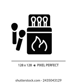 2D pixel perfect glyph style match box and sticks icon, isolated vector, hiking gear silhouette illustration.