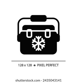 2D Pixel perfekte Glyphe Stil Eiskasten-Symbol, isolierter Vektor, Wanderausrüstung Silhouette Illustration.