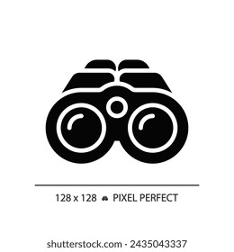 2D pixel perfect glyph style binoculars icon, isolated vector, hiking gear silhouette illustration.