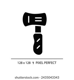 2D pixel perfect glyph style axe icon, isolated vector, hiking gear silhouette illustration.