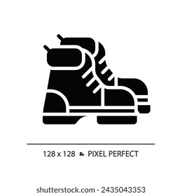 2D pixel perfect glyph style hiking boot icon, isolated vector, hiking gear silhouette illustration.