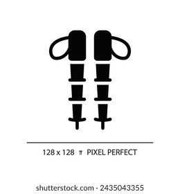 2D pixel perfect glyph style hiking poles icon, isolated vector, hiking gear silhouette illustration.