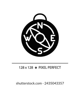2D pixel perfect glyph style compass icon, isolated vector, hiking gear silhouette illustration.