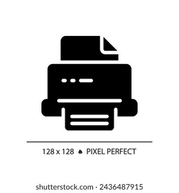 Icono de impresora de estilo de glifo perfecto de píxel 2D, vector aislado, ilustración de documento de silueta