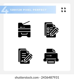 2D pixel perfect glyph style icons set representing document, silhouette illustration