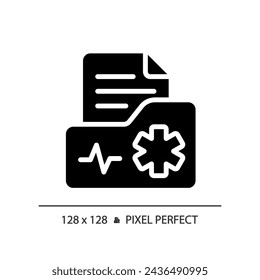 2D pixel perfect glyph style medical record icon, isolated vector, silhouette document illustration