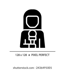 2D pixel perfect glyph style female news reporter icon, isolated vector, thin line illustration representing journalism.