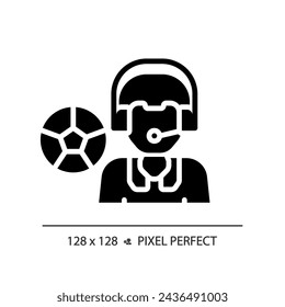 2D pixel perfect glyph style sport newscaster icon, isolated vector, thin line illustration representing journalism.
