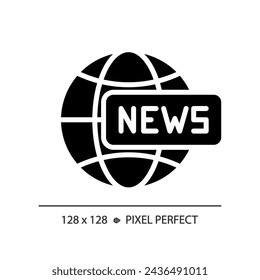 2D pixel perfect glyph style global news icon, isolated vector, thin line illustration representing journalism.