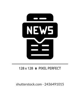 Icono de noticias móvil de estilo glifo perfecto de píxel 2D, vector aislado, ilustración de línea delgada que representa el periodismo.