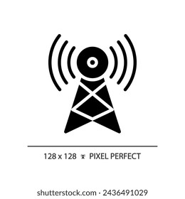 2D pixel perfect glyph style satellite tower icon, isolated vector, thin line illustration representing journalism.