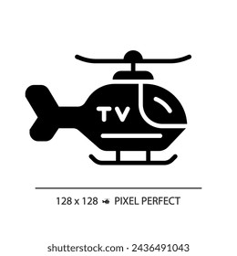 2D pixel perfect glyph style news helicopter icon, isolated vector, thin line illustration representing journalism.