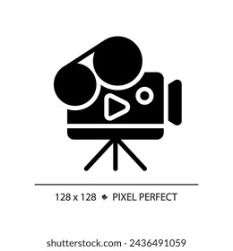 2D pixel perfect glyph style video camera icon, isolated vector, thin line illustration representing journalism.