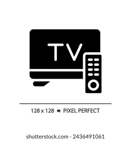 Icono de televisión de estilo glifo perfecto de píxel 2D, vector aislado, ilustración de línea delgada que representa el periodismo.