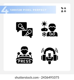 2D pixel perfect glyph style icons set representing journalism, black silhouette illustration