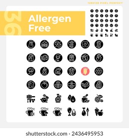 Paquete de iconos de estilo de glifo perfecto de píxel 2D que representa la ilustración de silueta simple y libre de alérgenos.