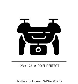 Icono de dron de estilo glifo perfecto de píxel 2D, vector aislado, ilustración de línea delgada que representa periodismo.